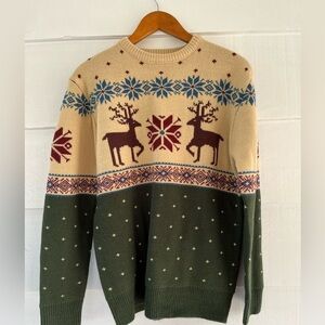 Kiel James Patrick Festive Reindeer Sweater - Green and Cream Chunky Wool S